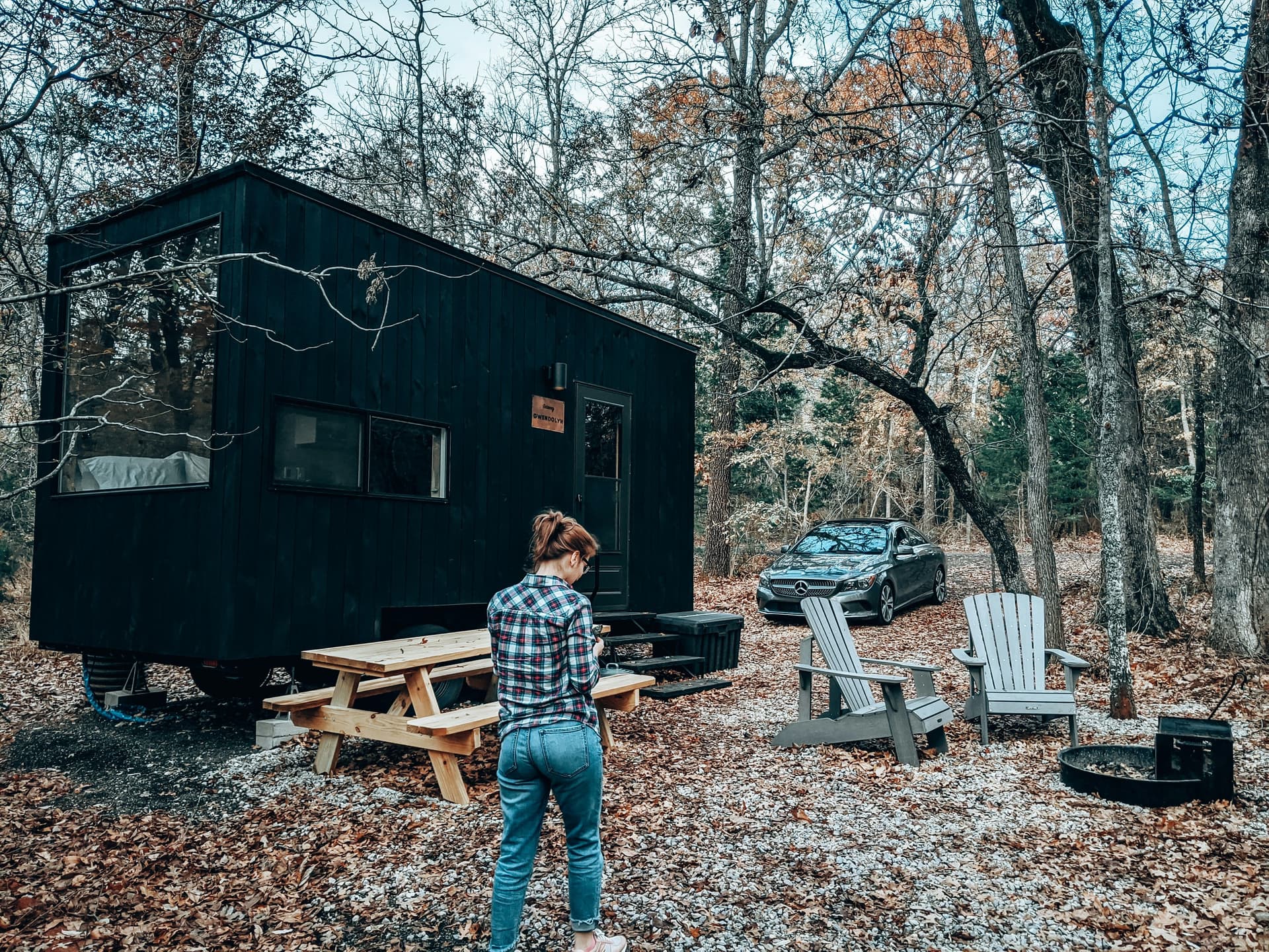 tiny cabin, picnic table, fire pit, wooded lot